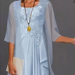 Woman’s midi dress set, lacy half sleeve, light blue